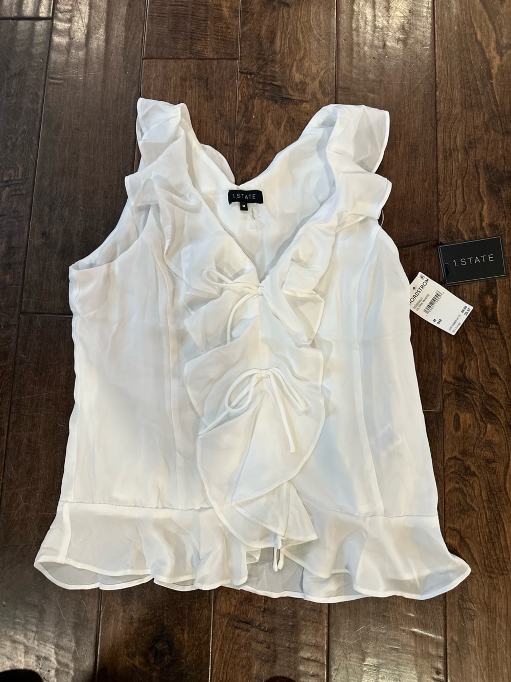1. State White Ruffle Tie-Front Sleeveless Blouse